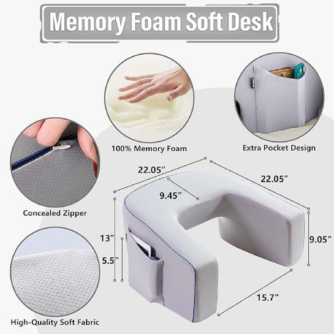 Ergonomic Memory Foam Reading Pillow with Laptop Desk Arm Rest & Storage Pocket for Adults