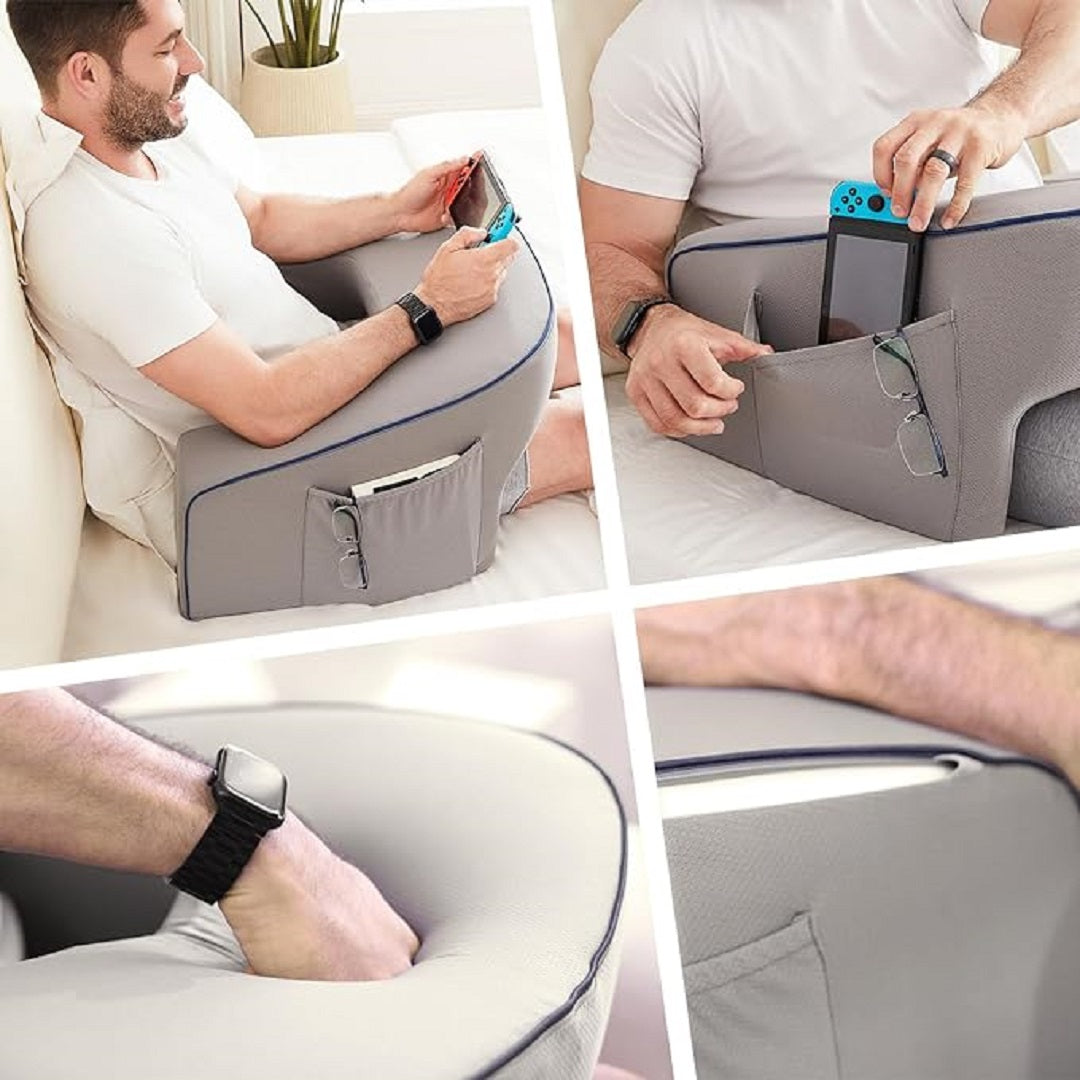 Ergonomic Memory Foam Reading Pillow with Laptop Desk Arm Rest & Storage Pocket for Adults