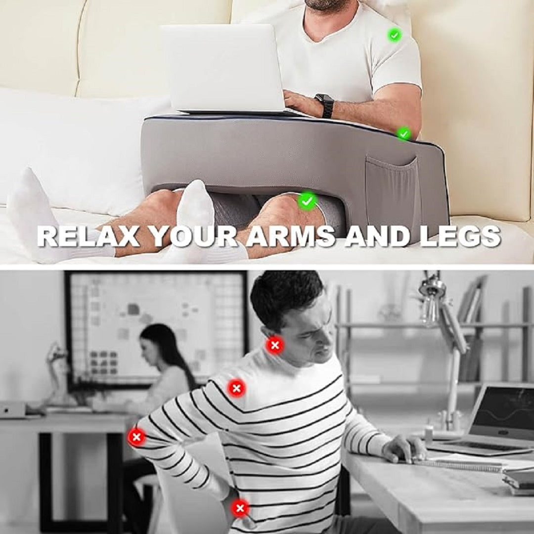Ergonomic Memory Foam Reading Pillow with Laptop Desk Arm Rest & Storage Pocket for Adults
