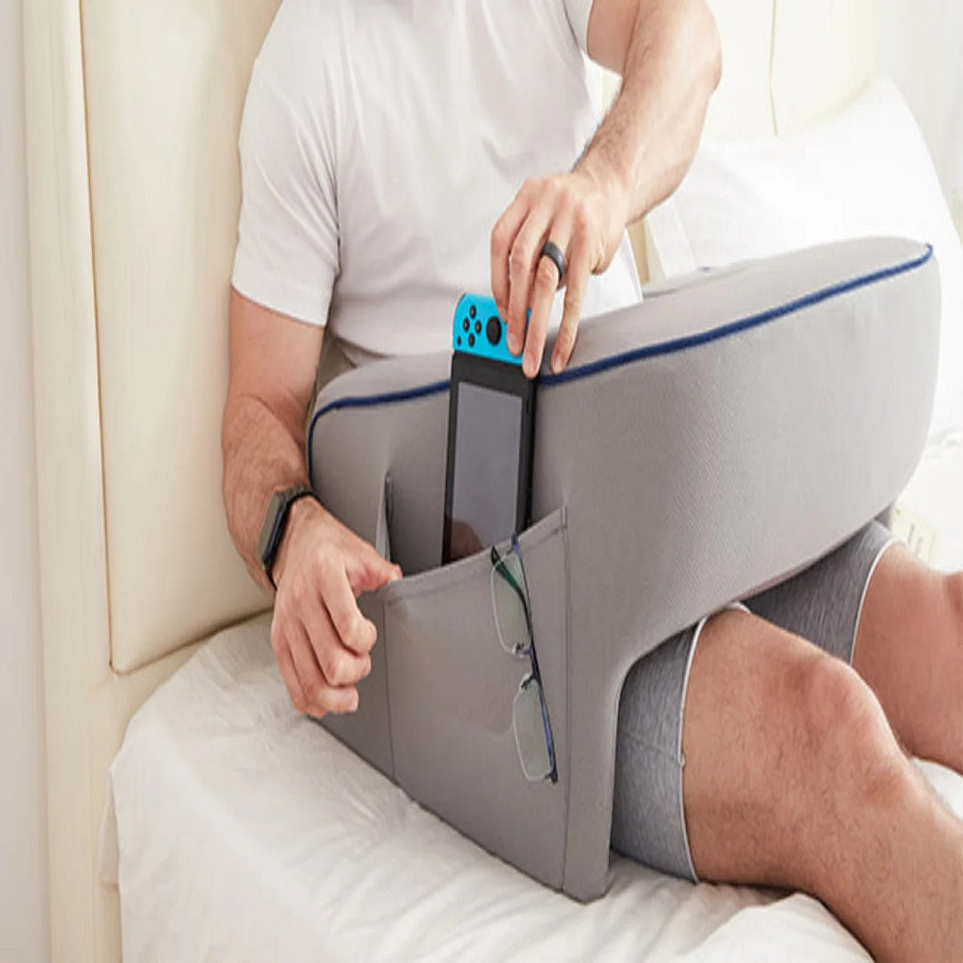 Ergonomic Memory Foam Reading Pillow with Laptop Desk Arm Rest & Storage Pocket for Adults