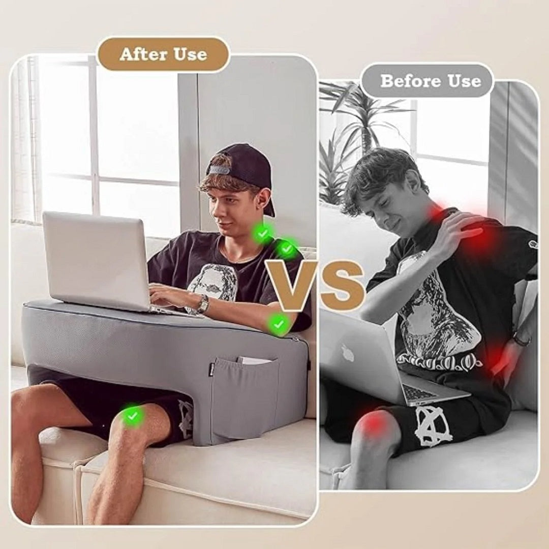 Ergonomic Memory Foam Reading Pillow with Laptop Desk Arm Rest & Storage Pocket for Adults