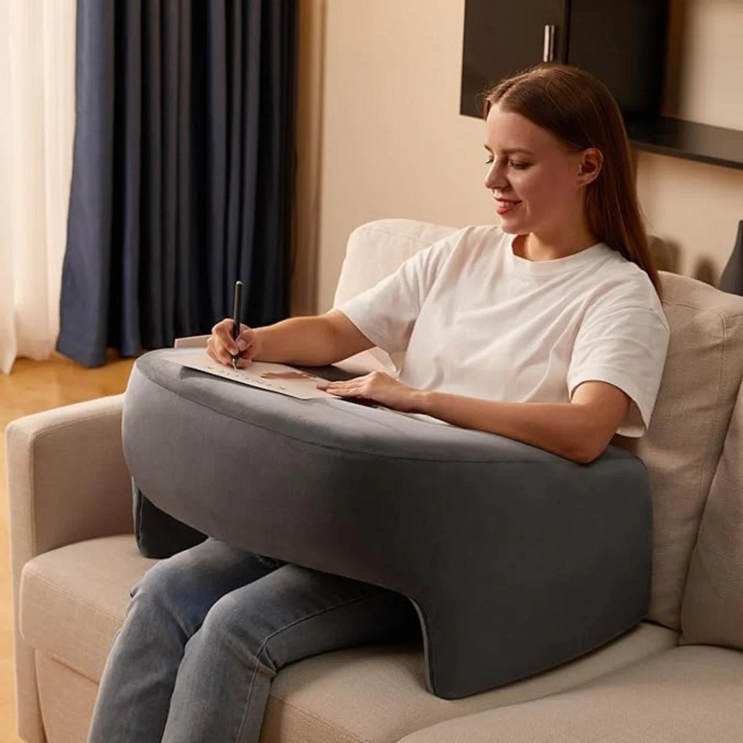 Ergonomic Memory Foam Reading Pillow with Laptop Desk Arm Rest & Storage Pocket for Adults