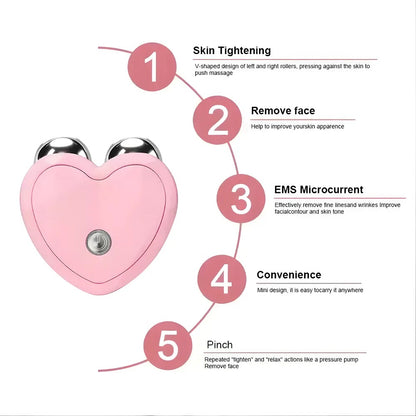 Portable Heart-Shaped Microcurrent Facial Massager – USB Skin Tightening Roller