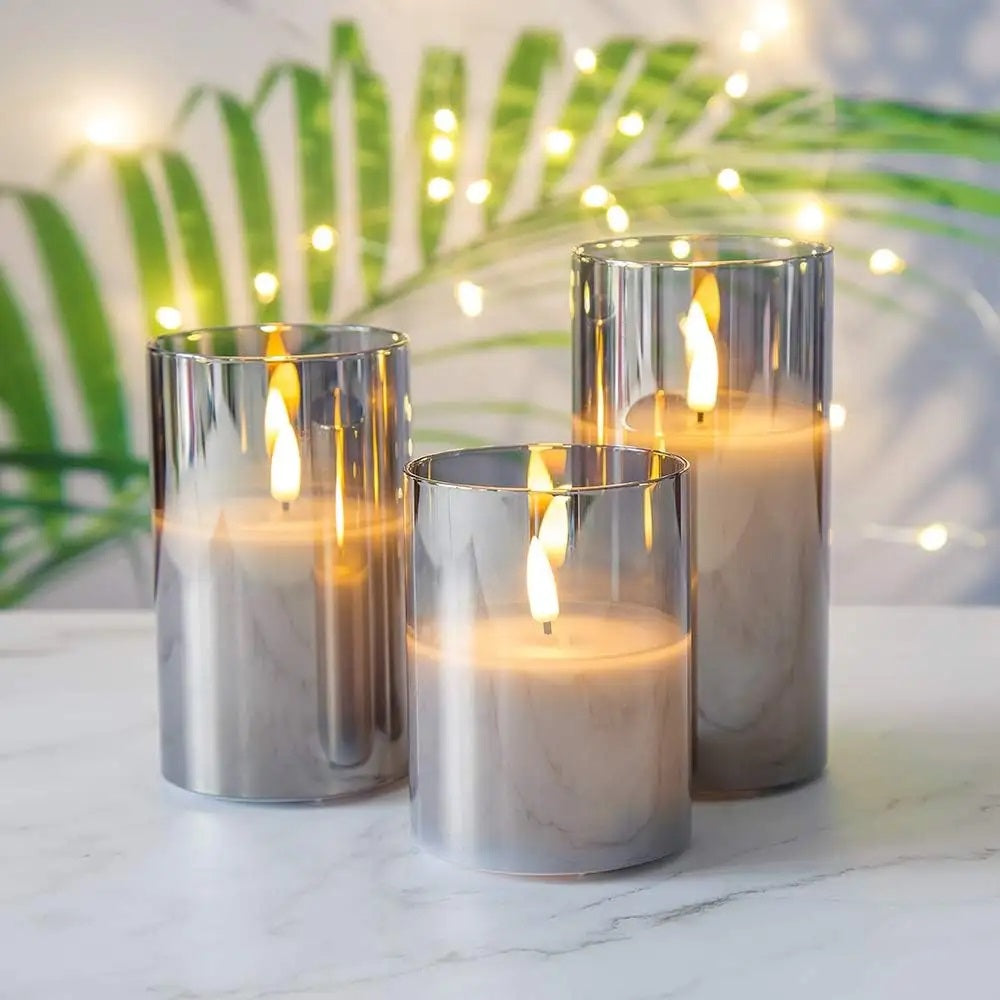 3-Piece Glass Flameless LED Pillar Candle Set with Remote Control