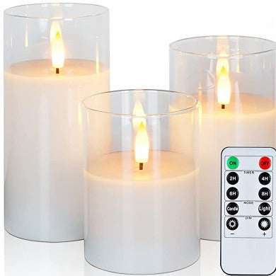 3-Piece Glass Flameless LED Pillar Candle Set with Remote Control