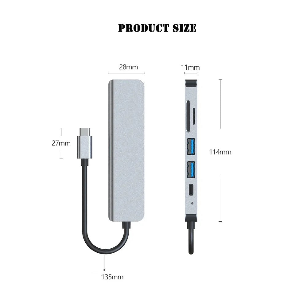 6-in-1 USB-C Hub Docking Station – 4K HD Type-C Adapter